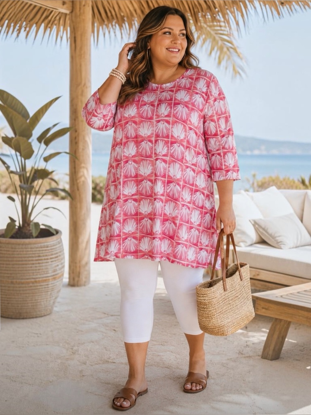 Lulu B Tunic Dress Size 1X Seashell Check Print Smooth Stretch Colorful Coastal